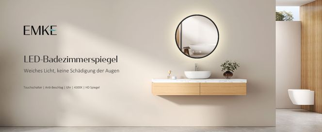 EMKE LED Runder Badspiegel mit Beleuchtung Schwarzer Rand Badezimmerspiegel