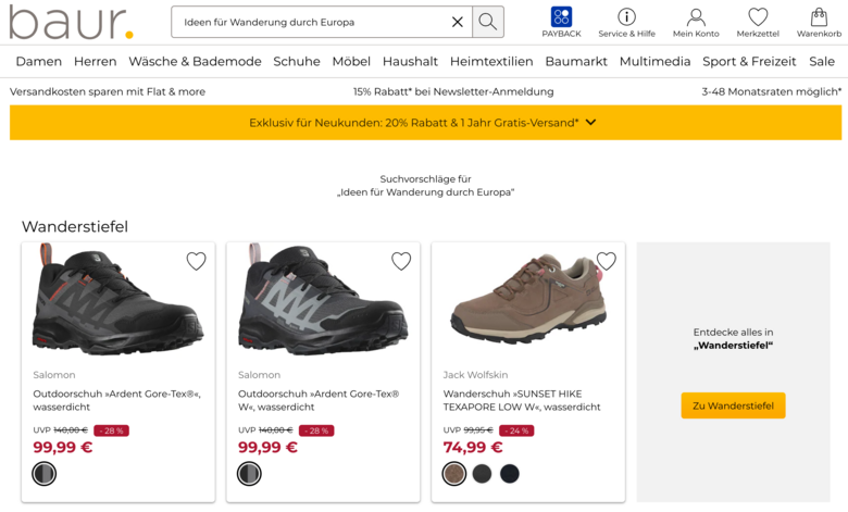 Anwendungsfall für Searchbuddy Auf der Webseite baur werden Produkte aus unterschiedlichen Kategorien angeboten. Bei der ungenauen Suchanfrage "Ideen für Wanderung" kommen dank Searchbuddy passende Produktvorschläge wie Wanderschuhe
