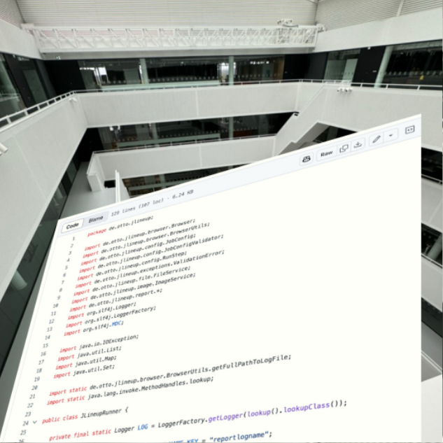 Auszug von Codes im Github-Profil "otto_de" Screenshot von Codes aus dem Github-Profils "otto_de", der vor einem Hintergrundbild aufgeführt ist, was das OTTO Headquarter von Innen zeigt