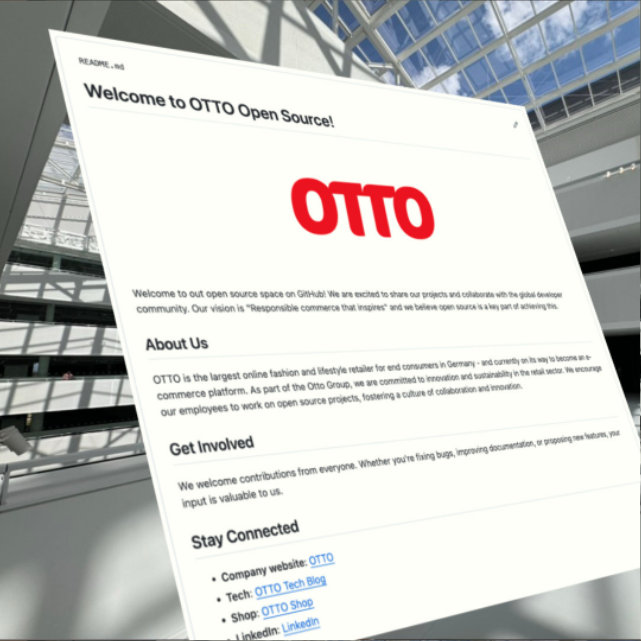 Auszug Github-Profil otto_de Screenshot des Github-Profils "otto_de", der vor einem Hintergrundbild aufgeführt ist, was das OTTO Headquarter von Innen zeigt