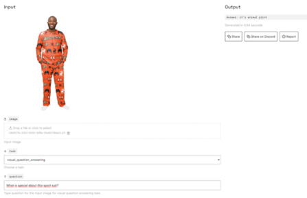 Abbildung 3: VQA prompt und Ausgabe für einen auffälligen Trainingsanzug auf replicate.com