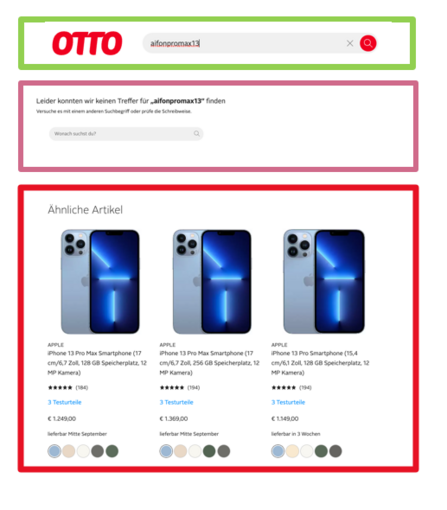 A zero-hit page on otto.de. While the lexical system cannot find any products (lila box) for the query “aifon13promax”, the new semantic retriever finds the correct results (red box).