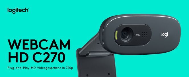 Logitech C270 Webcam, HD720p,60° Sichtfeld, Fester Fokus, Belichtungskorrektur, Rauschunterdrückung