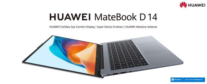 Huawei MateBook D14 2023 Notebook GB i5 i5 Iris Xe interner SSD Graphics, Fingerabdrucksensor), Core (35,6 16GB 16 512GB 1240P, Intel Speicher Windows Home vorinstalliertes und Zoll, cm/14 Intel 11 Core LPDDR4X RAM