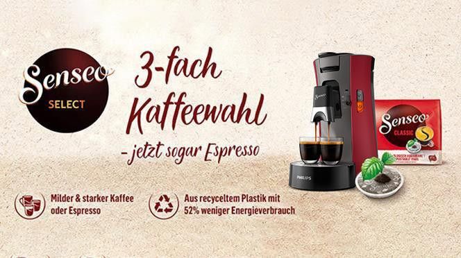 Kaffeespezialitäten, recyceltem mit dunkelrot Select Senseo Philips aus 3 Kaffeepadmaschine 21% Plastik und CSA240/90,