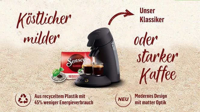 Philips Senseo Kaffeepadmaschine Original Plus CSA 210/60, aus 28% recyceltem  Plastik und mit 2 Kaffeespezialitäten, mattschwarz
