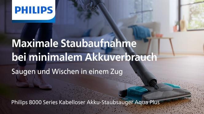 Philips Nass-Trocken-Akkusauger XC8055/01 Aqua Plus 8000 Series, 56,7 W,  beutellos, mit bis zu 80 Minuten Laufzeit und adaptiver Saug- und Wischdüse