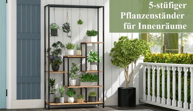 COSTWAY Pflanzenständer Mit Wachstumslicht – 8-stöckiges Blumenregal Aus Metall & Holz, Inkl. 4 LED-Lichter (67x30x156 Cm)