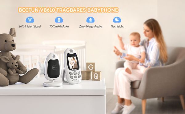 BOIFUN Babyphone mit Kamera Tragbares Vox-Funktion Temperatursensor Nachtsicht-Video-Babyfon 2,4 Ghz