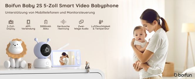 Boifun Video-Babyphone Babyphone mit Kamera 1080P, 355°/90° PTZ  Geräuschlose Rotation, 4×Zoom, 5 Video Babyphone, Bewegungs und  Geräuscherkennung,3000mAh wiederaufladbare  Batterie,Temperaturanzeige,Bewegungs und Geräuscherkennung,VOX/ECO-Modus