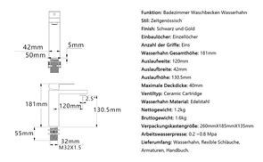 SUMERAIN Wandmontierte Waschtischarmatur Schwarz-Gold – Einhebelmischer Aus Messing, Keramikventil