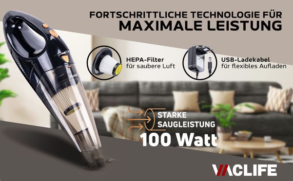 Leistungsstarker Handstaubsauger mit 100W – HEPA Filter & USB Ladung | VacLife