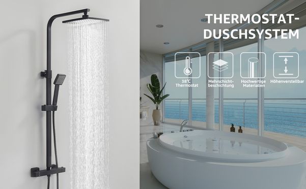 HOMELODY Duschsystem Regendusche Schwarz mit Thermostat 38 