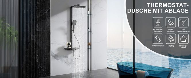 Enjoy the comfort of the thermostatic shower with shelf