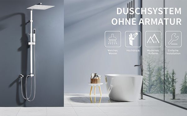 Uvish Duschsystem Komplettset – Mit 23 Cm Überkopfbrause & Handbrause, 4 Strahlarten, Edelstahl-Duschstange, Ohne Armatur