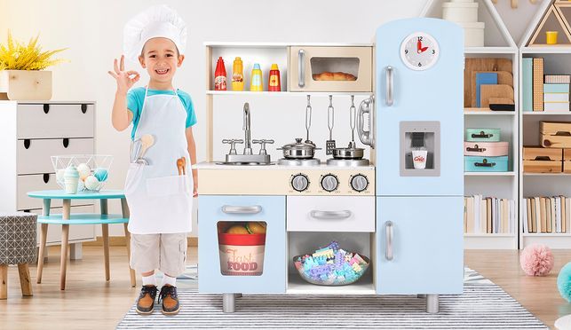 Kinderküche Holz, Puppenküche mit Herd, Eismaschine, Telefon, Uhr