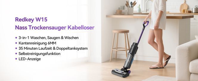 Redkey W15 Nass und Trockensauger Kabellos, 35min Laufzeit Selbstreinigender Mopp