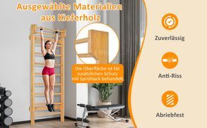 Klimrek Aan De Muur COSTWAY Houten Klimwand, Klimwand Met Optrekstang En 10 Sporten Ruimtebesparend Fitness Wandrek