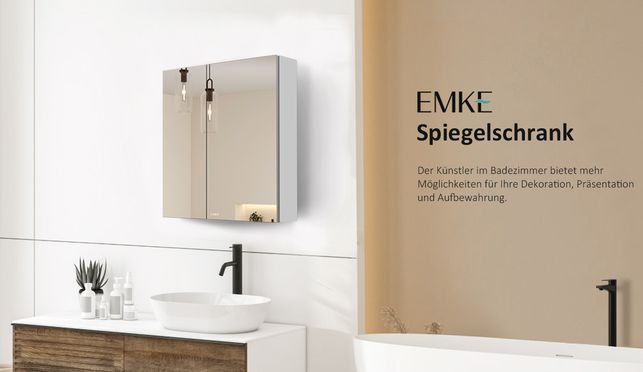 EMKE Spiegelschränke 60x65cm Spiegelschrank Badschrank mit Doppelseitiger Spiegel Weiß