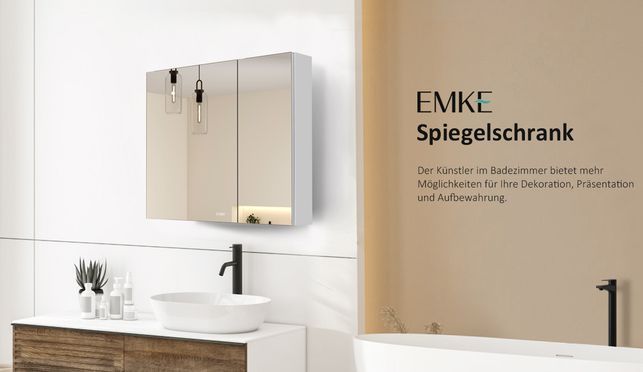 EMKE Badspiegelschrank Verstellbare Trennwand Zweitüriger Spiegelschrank mit Doppelseitigem Weiß