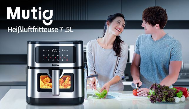 Heißluftfritteuse 7,5L Ohne Öl Heissluftfriteuse - Air Fryer mit Digitalem LED-Touchscreen, 10 Voreingestellte Menüs und PDF Rezepte, Vorheizen und Warmhalten, Timer und Temperaturregelung, 1700W