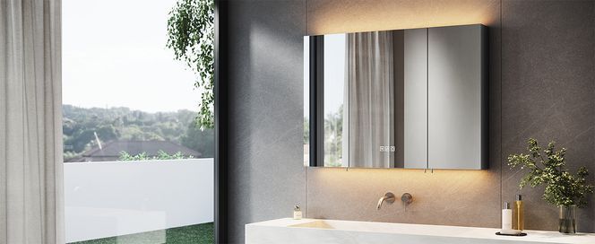 3 farbig dimmbarer LED Spiegelschrank mit Touchschalter, Rasiersteckdose & Antibeschlag