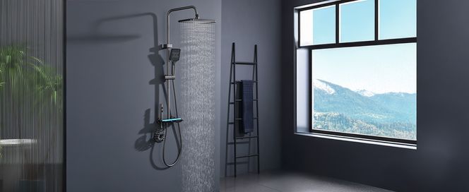 Intelligent shower system with LED ambient lighting & digital display – luxury design in black