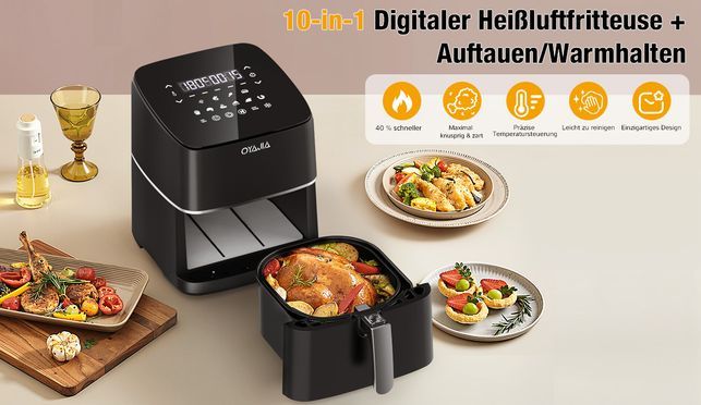 OYAJIA XXL Heißluftfritteuse 6L, 1400W – Air Fryer Ohne Öl, Mit Touchscreen & 6 Programmen, überholt