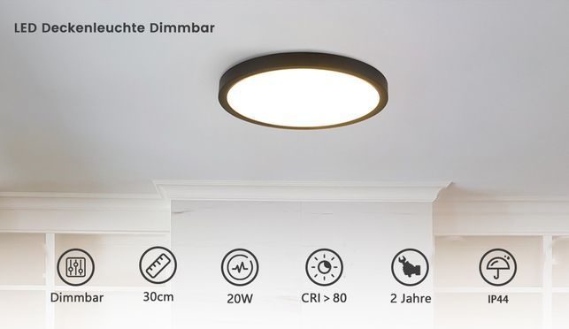 NETTLIFE LED Deckenleuchte Flach Dimmbar Schwarz Ø30cm 20W