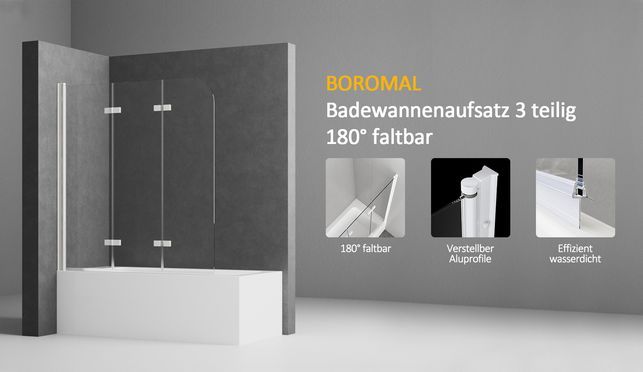 BOROMAL Badewannenaufsatz 3 teilig Weiß Klarglas 6mm Nano Glas