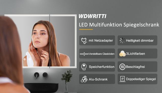 WDWRITTI LED Multifunktion Spiegelschrank mit Speicherfunktion IP44
