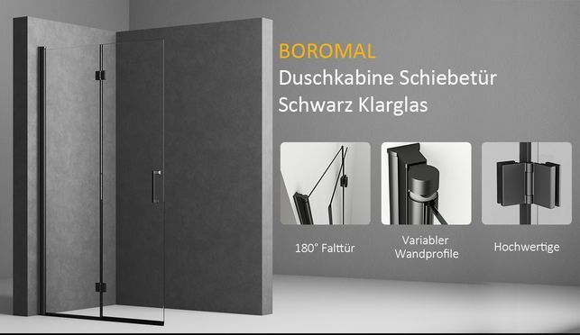 BOROMAL Walk In Duschwand 5mm Nano Glas Schwarz H: 195cm