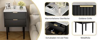 UEV Nachttisch 2er Set – Mit 2 Schubladen, Wellen-Design, Goldene Griffe, 50x40x60 Cm