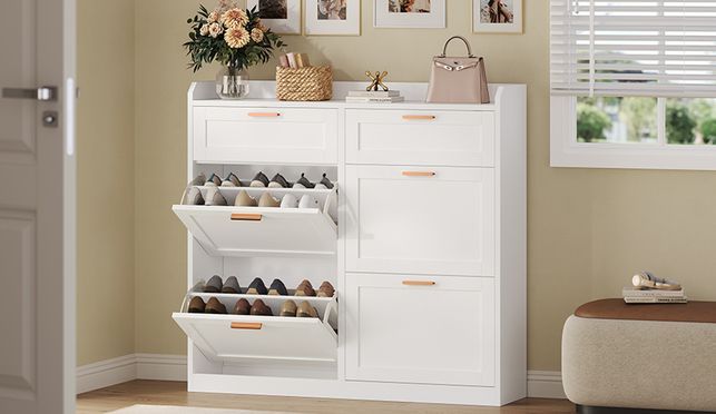 Schuhschrank mit 4 Klappen, Schuhkipper Schmal, Schuhschrank mit 2 Schubladen