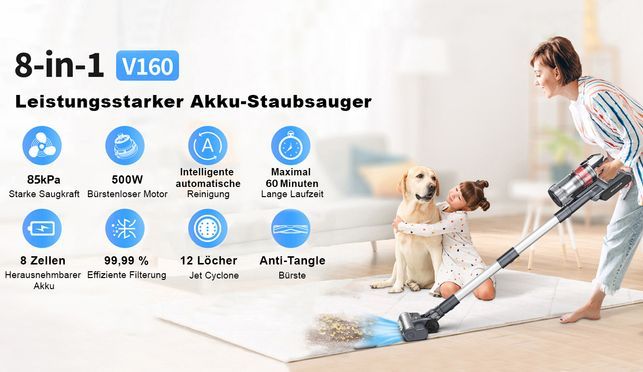 Akku Staubsauger 85000Pa mit Auto Modus und ECO Modus,Staubsauger Kabellos 8 in 1 bis zu 60 Min