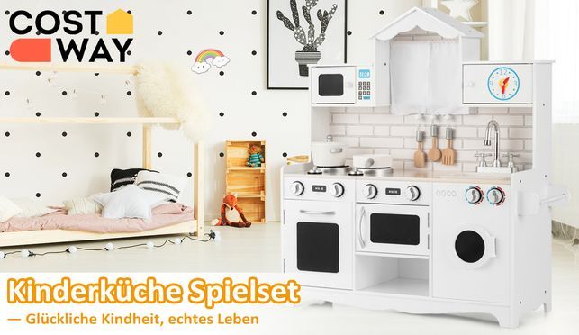 DREAMADE Kinderküche Aus Holz – Spielküche Mit Herd, Spüle, Backofen, Mikrowelle & Waschmaschine, 78x29x93 Cm, Inkl. Zubehör