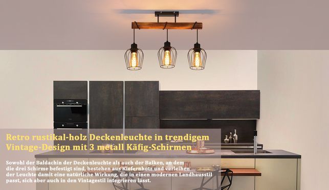 Vintage 3 flammig Deckenlampe aus Holz mit Landhaus Flair