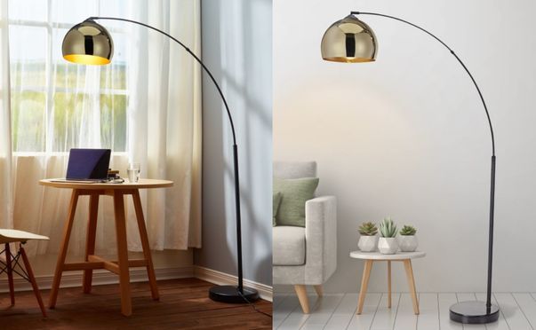 Bogenlampe Gebogene Stehlampe aus Metall mit Glockenschirm gold