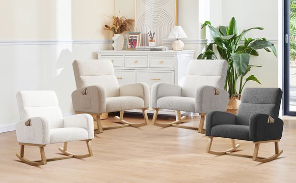 Schaukelstuhl Aus Leinen Mit Massivholz-Sockel: Bequemer Relaxsessel Mit Lendenkissen & Seitentaschen – Modernes Design Fürs Wohnzimmer