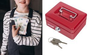Kinder Spardose, Geldkassette abschließbar mit Schlitz, HMF 102122, 12,5 x  9,5 x 6 cm, Rot