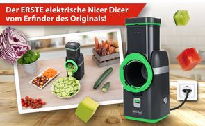 Genius Gemüseschneider Nicer Dicer Electro, 25 tlg, Gemüsehobel elektrisch, 6 Einsätze, 80 W, Extra-scharfe G-NOX Edelstahlklingen, einfache Reinigung, kompakt
