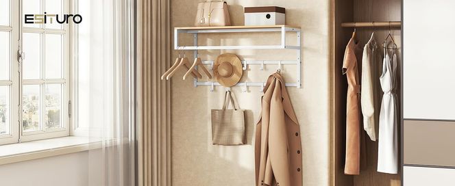 eSituro Wandgarderobe mit Ablage, Kleiderständer Wand mit Kleiderstange 10 Haken