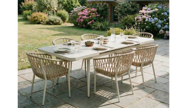 IDIMEX Garten-Essgruppe SUNNY, Gartenmöbel Set mit 6 Stühlen & ausziehbarem Tisch weiß/beige, Esstisch mit Stühlen Garten