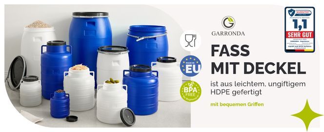 The barrel with lid is made of lightweight, non-toxic HDPE, with comfortable handles.