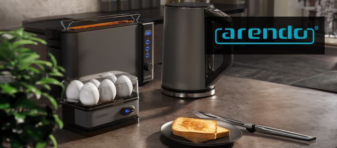 Arendo Frühstücks-Set (3-tlg), Wasserkocher 1,5l / Langschlitz Toaster /  Eierkocher, Edelstahl, Grau