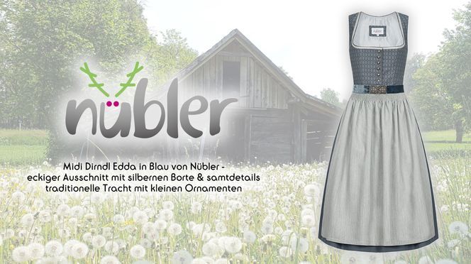 Midi Dirndl Edda in Blau von Nübler traditionelle Tracht mit kleinen Ornamenten
