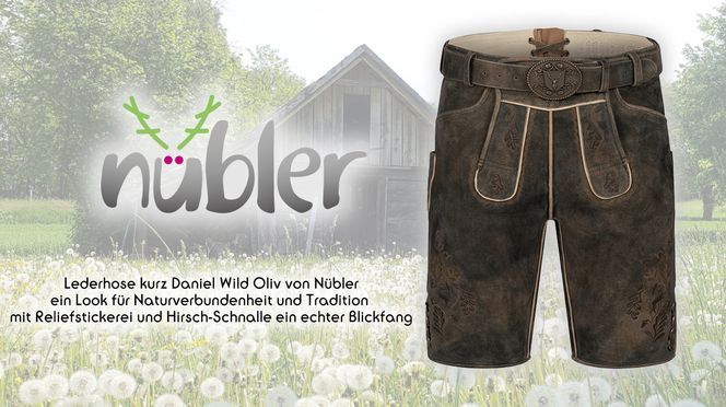 Lederhose Daniel Wild in Oliv von Nübler – Reliefstickerei und Hirsch Schnalle ein echter Blickfang