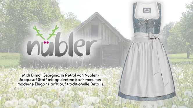 Midi Dirndl Georgina in Petrol von Nübler – moderne Eleganz trifft auf traditionelle Details