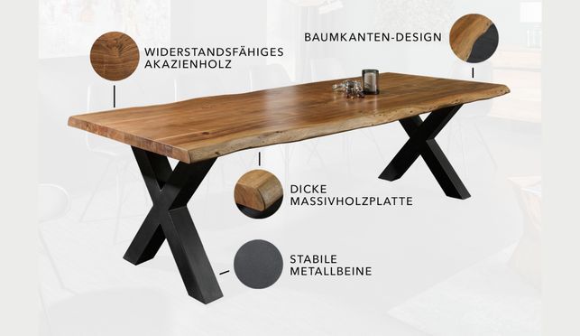 Dein neuer Baumkantentisch aus massivem Akazienholz und mit X Gestell!