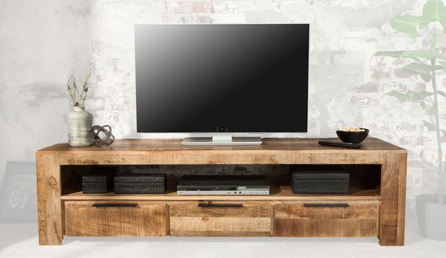 Dein neues, massives TV Lowboard mit offenem Fach und drei Schubladen!